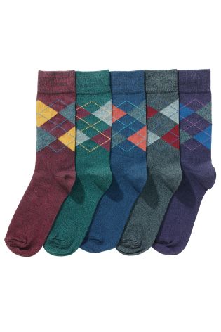 Five Pack Argyle Pattern Socks